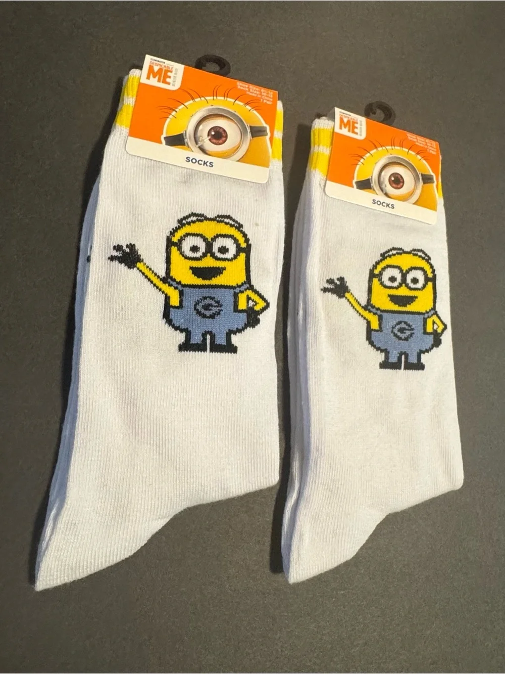Despicable Me Minion White Crew Socks with Yellow & Blue Character - Pair